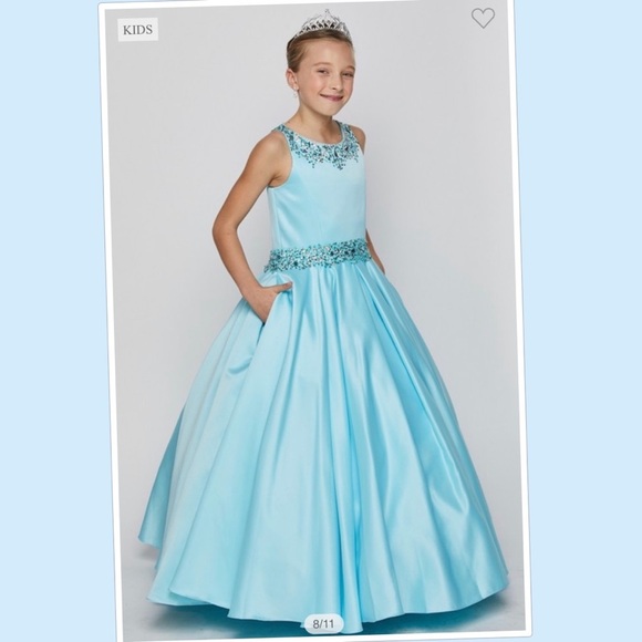 Girls Kids Children’s Tween Royal Blue Satin Pageant Dress with Pockets - Picture 5 of 6